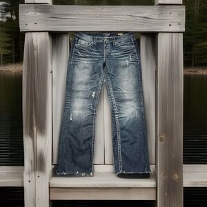 Silver Jeans Lola 17” Straight 32 (34x29) Altered Blue Distressed Denim Womens